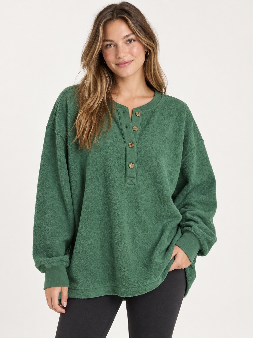 Aerie Women’s Small Oversized Green Henley Pullover Cozy Lounge Top NWT Warm